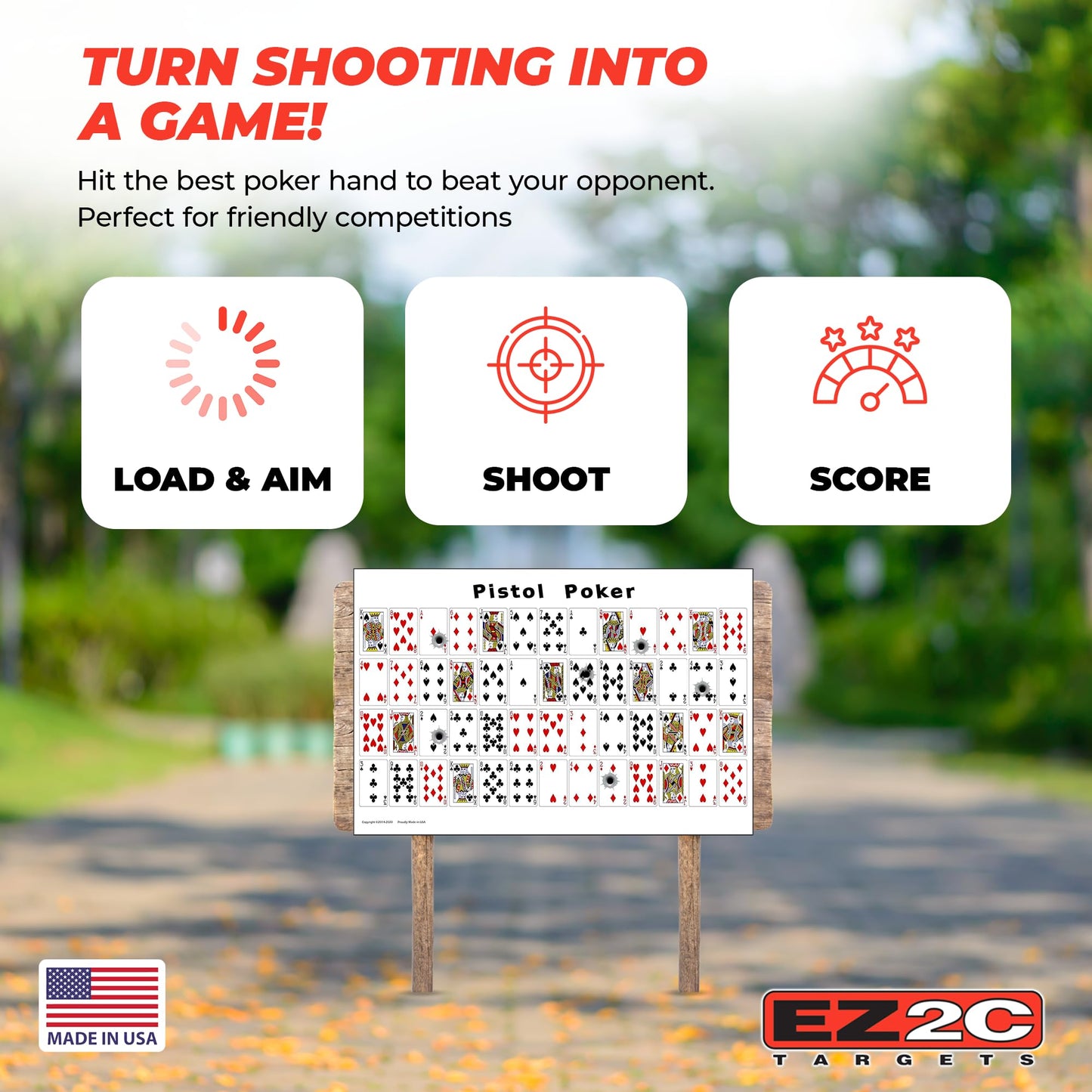 20 EZ2C Pistol Poker Paper targets for shooting. sheets of 52 random sorted playing cards 12"x18" (20 pack) USA MADE
