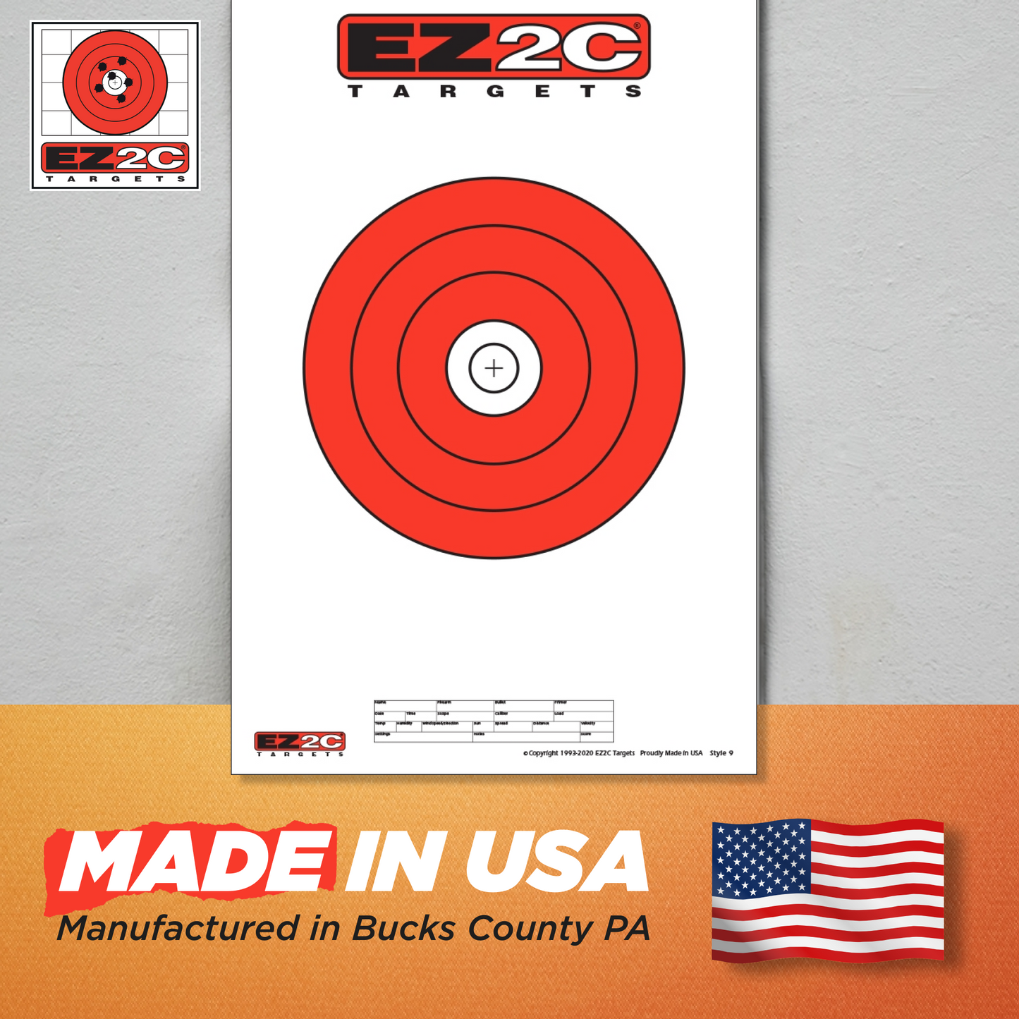 25 EZ2C Targets Style 9: 8" Bullseye Paper Target USA MADE 11"x17" Pad of 25