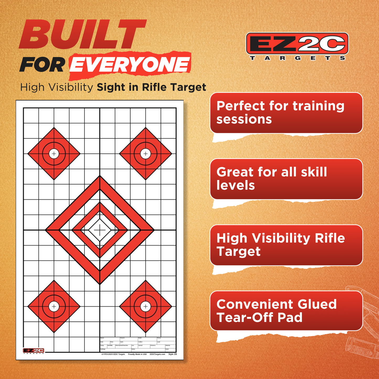 25 EZ2C Targets Style 28: Five Diamonds. Pad of 25 Paper Shooting Targets 11”x17” USA MADE