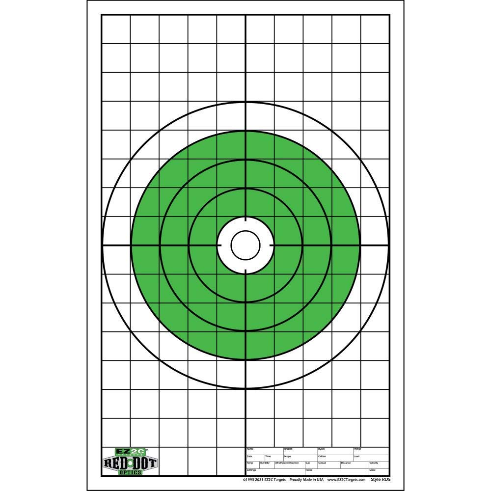 EZ2C Red Dot Optics Style 5: 10" Green Bullseye Target Shooting Paper Targets High Visibility EZ2C Green 11"x17" Made in USA.