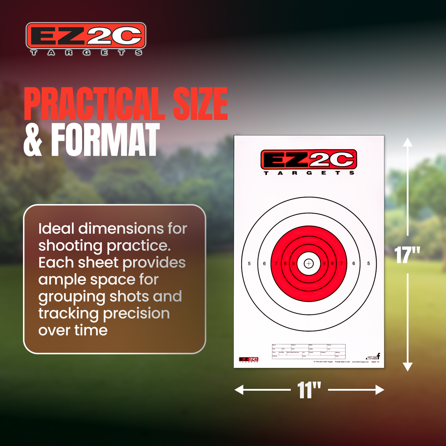 25 EZ2C Targets Style 12: Paper Targets for Shooting Range B16 USA MADE 11"x17" Pad of 25