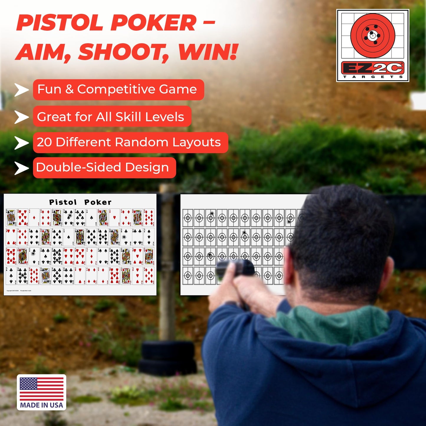 20 EZ2C Pistol Poker Paper targets for shooting. sheets of 52 random sorted playing cards 12"x18" (20 pack) USA MADE