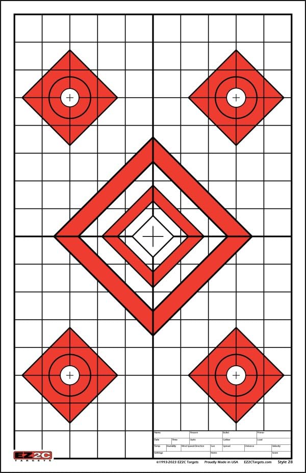 25 EZ2C Targets Style 28: Five Diamonds. Pad of 25 Paper Shooting Targets 11”x17” USA MADE