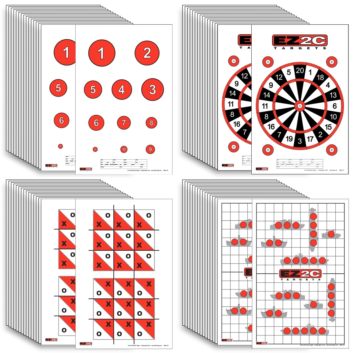 EZ2C Four Fun Game Style Paper Targets for Gun Shooting Range, Compatible with Handgun, Rifle and Pistol, Made in USA (11x17 inch)