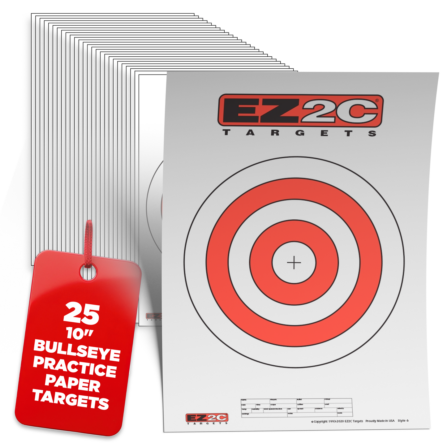 25 EZ2C Targets Style 6: 10" Bullseye Paper Target USA MADE 11"x17" Pad of 25