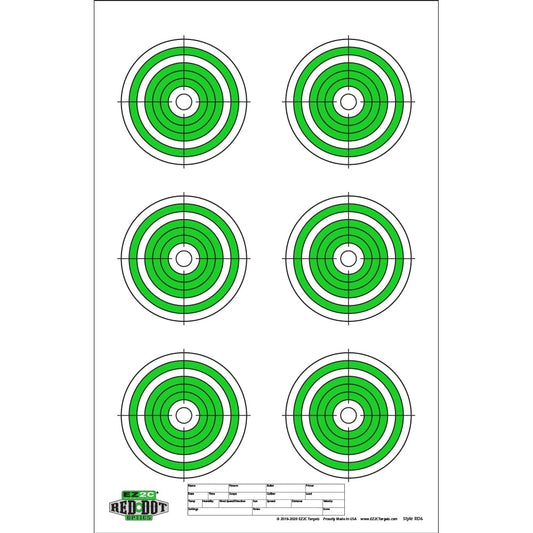 EZ2C Targets Style RD6: Six 4” Bullseyes Paper Shooting Target 11"x17" USA MADE