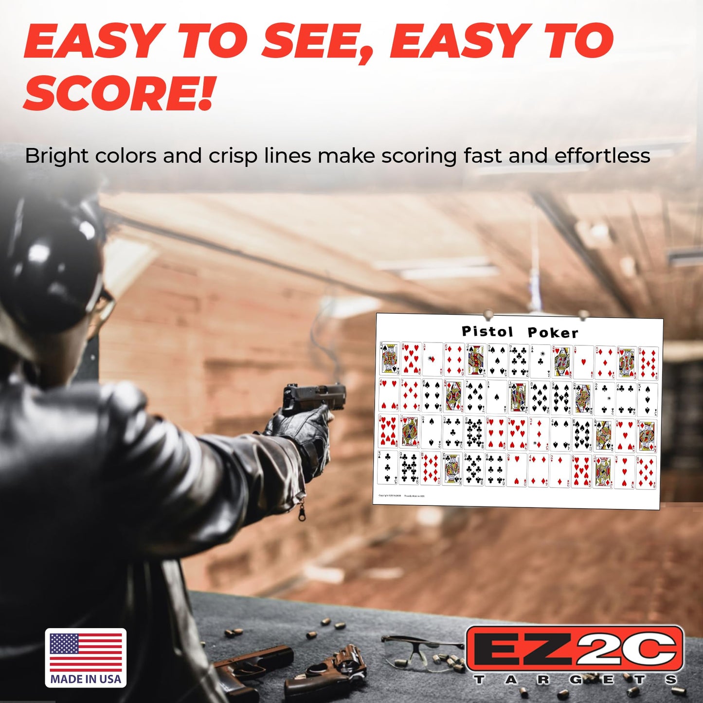 20 EZ2C Pistol Poker Paper targets for shooting. sheets of 52 random sorted playing cards 12"x18" (20 pack) USA MADE