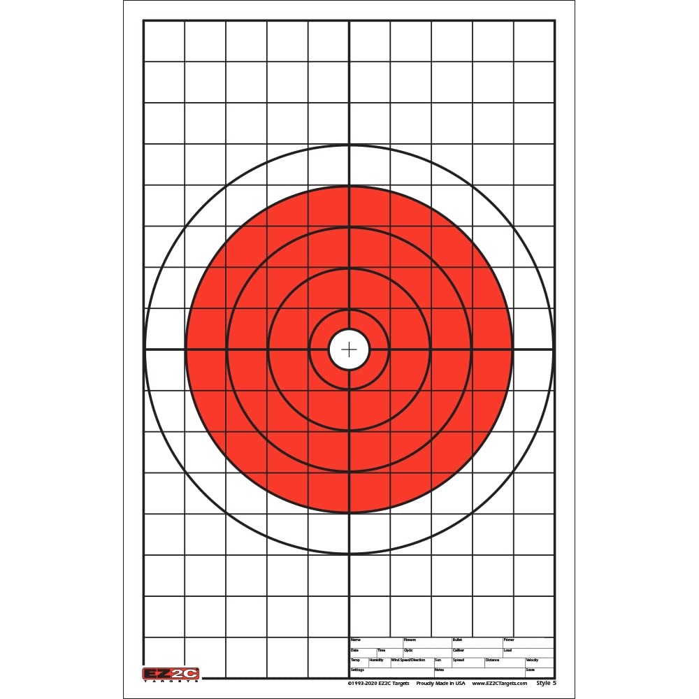 EZ2C Targets Style 5: Bullseye Pistol and Rifle w 1" Grids for Sight in USA MADE 11”x17”