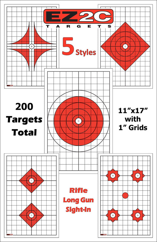 200 EZ2C Targets Most Popular 5 Rifle Styles Paper Targets Bundle 11"x17" USA Made