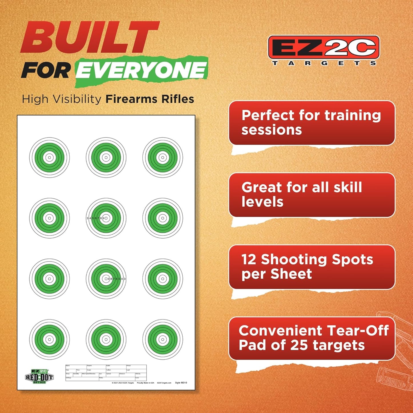 25 EZ2C Targets Style 27/RD10: Small-bore 50ft Paper Shooting Target 11"x17" USA MADE Pad of 25