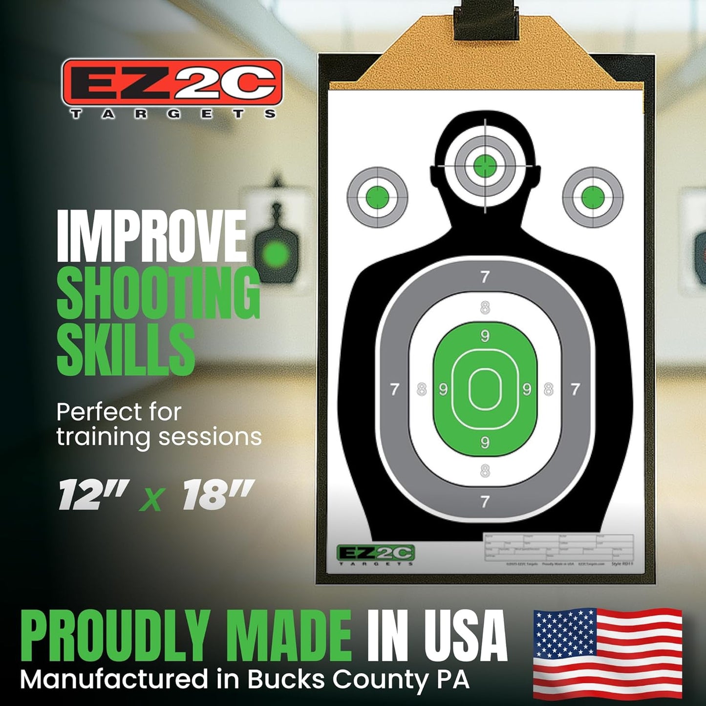 EZ2C 12"x18" Green Silhouette Shooting Target, Premium Paper Targets for gun range Gun Gifts Made in USA