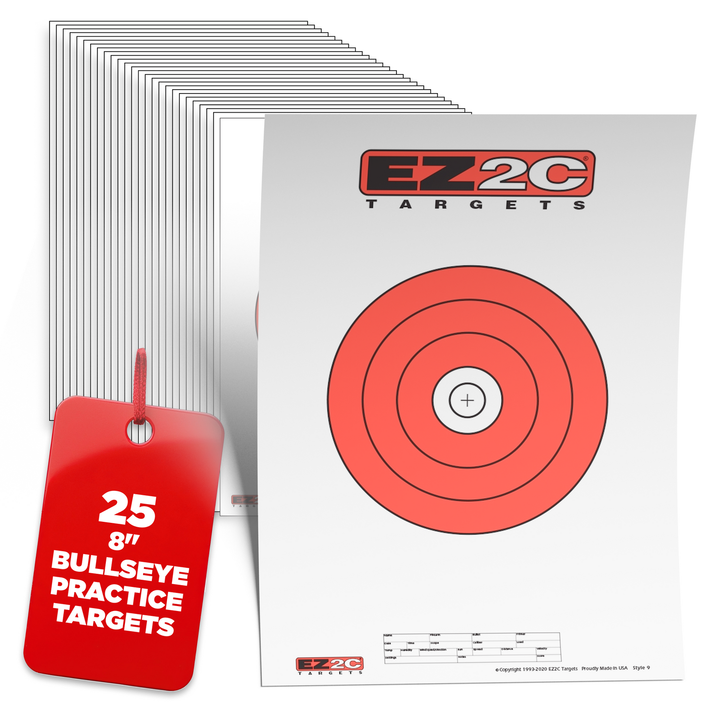 25 EZ2C Targets Style 9: 8" Bullseye Paper Target USA MADE 11"x17" Pad of 25