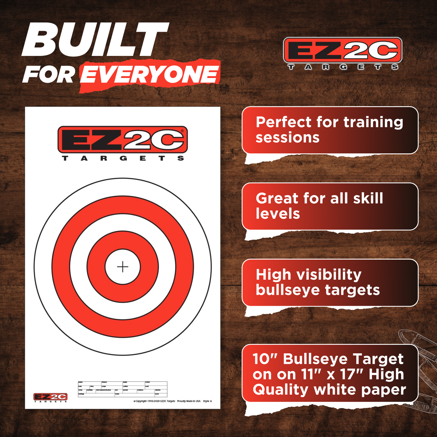 25 EZ2C Targets Style 6: 10" Bullseye Paper Target USA MADE 11"x17" Pad of 25