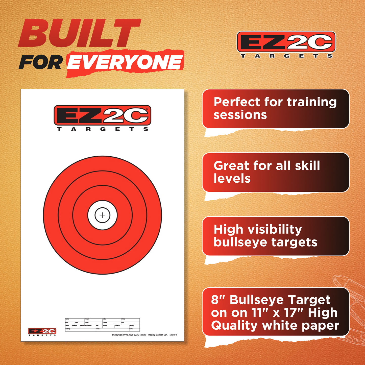 25 EZ2C Targets Style 9: 8" Bullseye Paper Target USA MADE 11"x17" Pad of 25