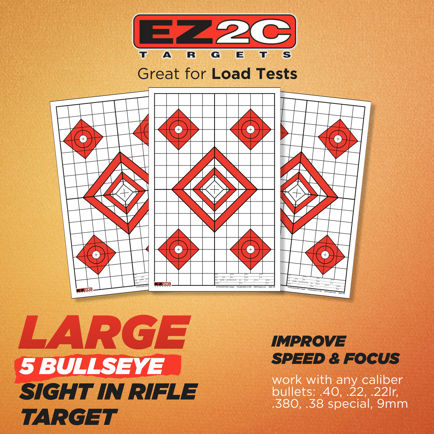 25 EZ2C Targets Style 28: Five Diamonds. Pad of 25 Paper Shooting Targets 11”x17” USA MADE