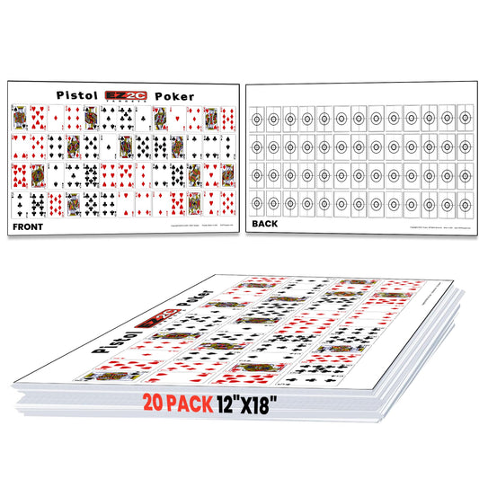 20 EZ2C Pistol Poker Paper targets for shooting. sheets of 52 random sorted playing cards 12"x18" (20 pack) USA MADE