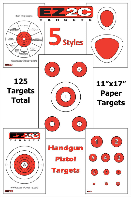 125 EZ2C Targets Favorites 5 Handgun Styles Paper Targets Bundle 11"x17" USA Made