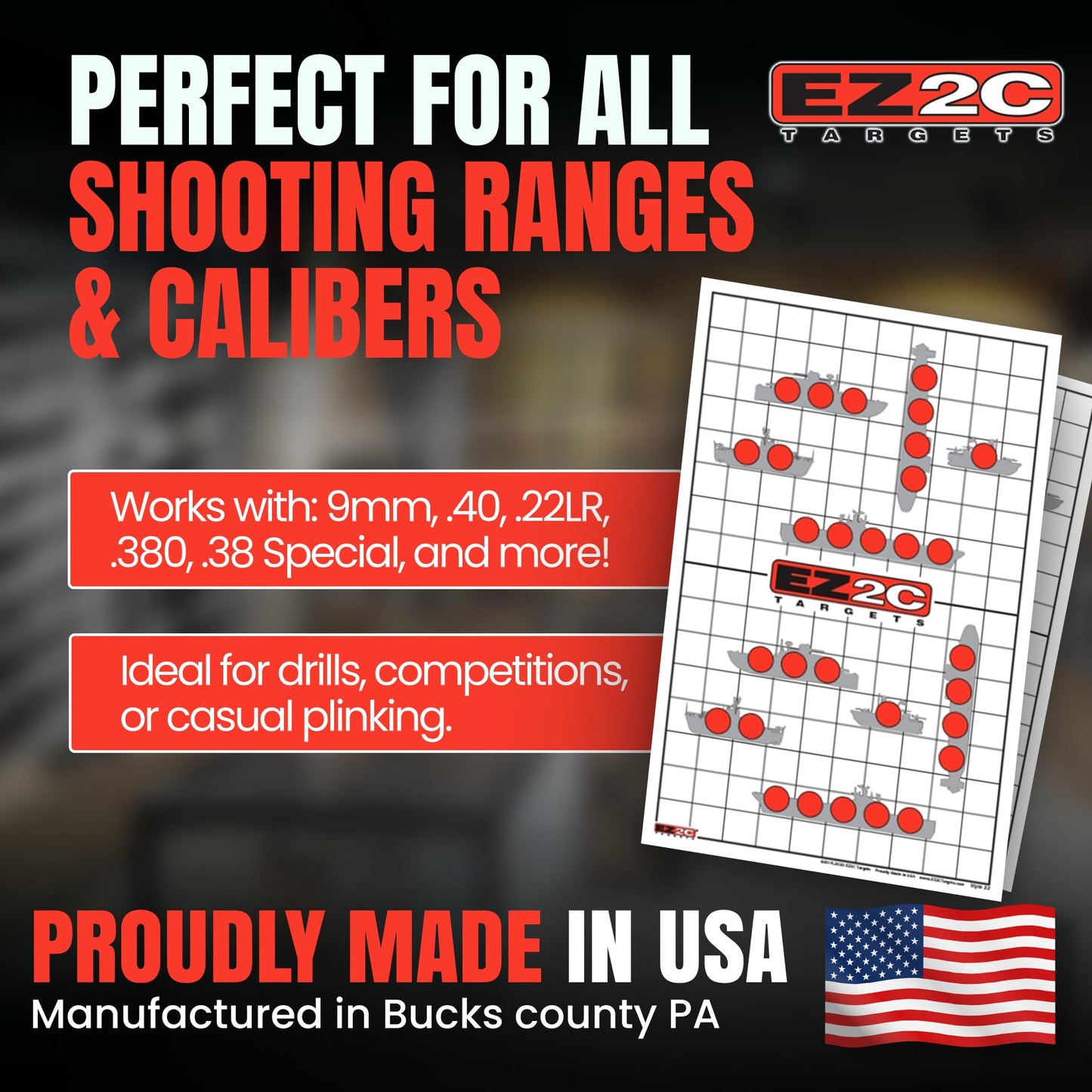 EZ2C Four Fun Game Style Paper Targets for Gun Shooting Range, Compatible with Handgun, Rifle and Pistol, Made in USA (11x17 inch)